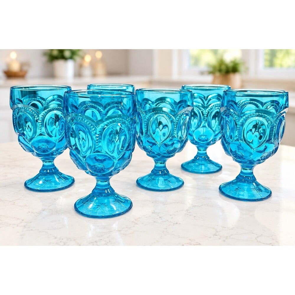 Vintage L.E. Smith Moon & Star Blue Water Goblets Set of 6 Turquoise 6” Glasses